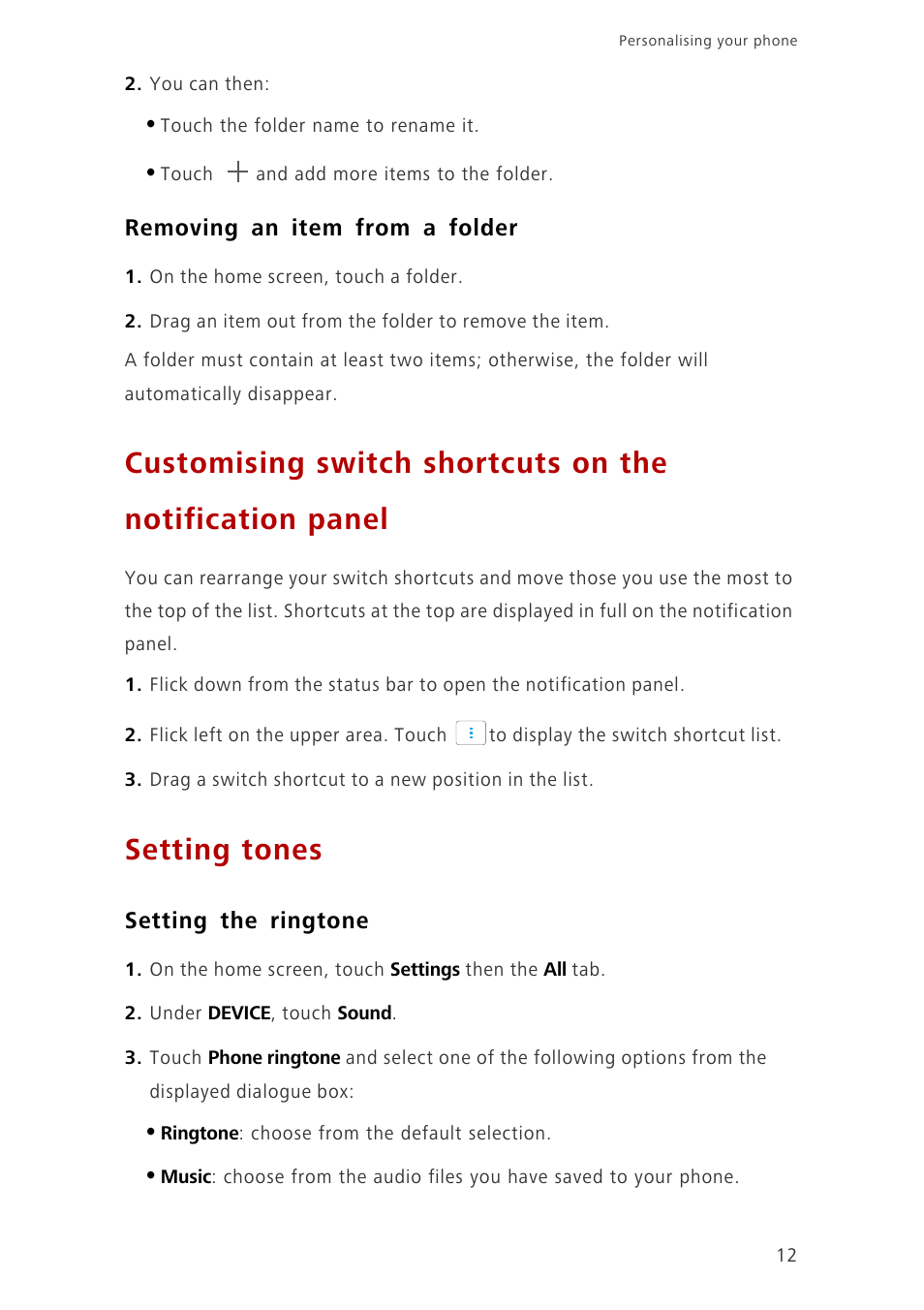 Removing an item from a folder, Setting tones, Setting the ringtone | Huawei Ascend G6-U10 User Manual | Page 16 / 59