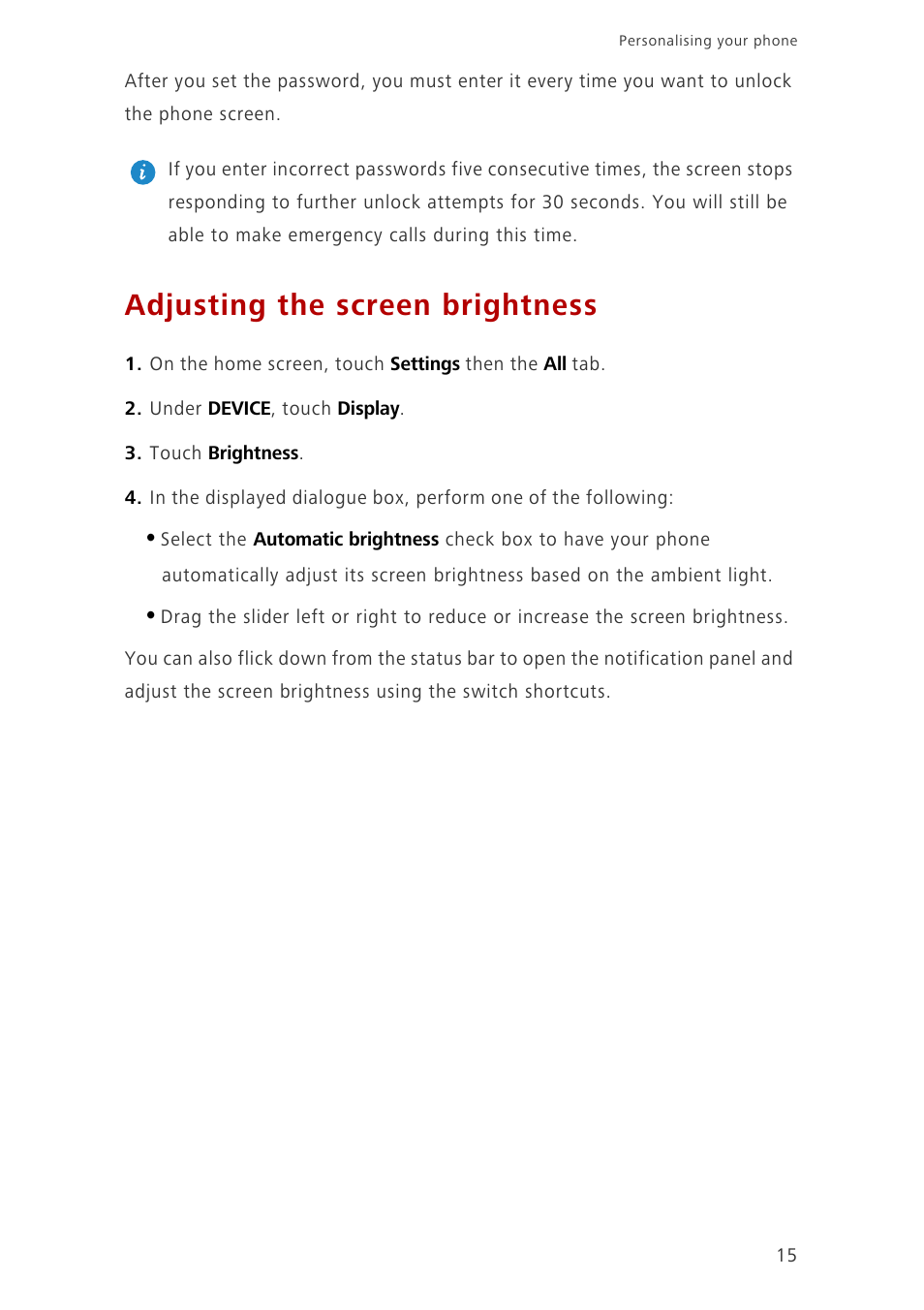 Adjusting the screen brightness | Huawei Ascend G6-U10 User Manual | Page 19 / 59