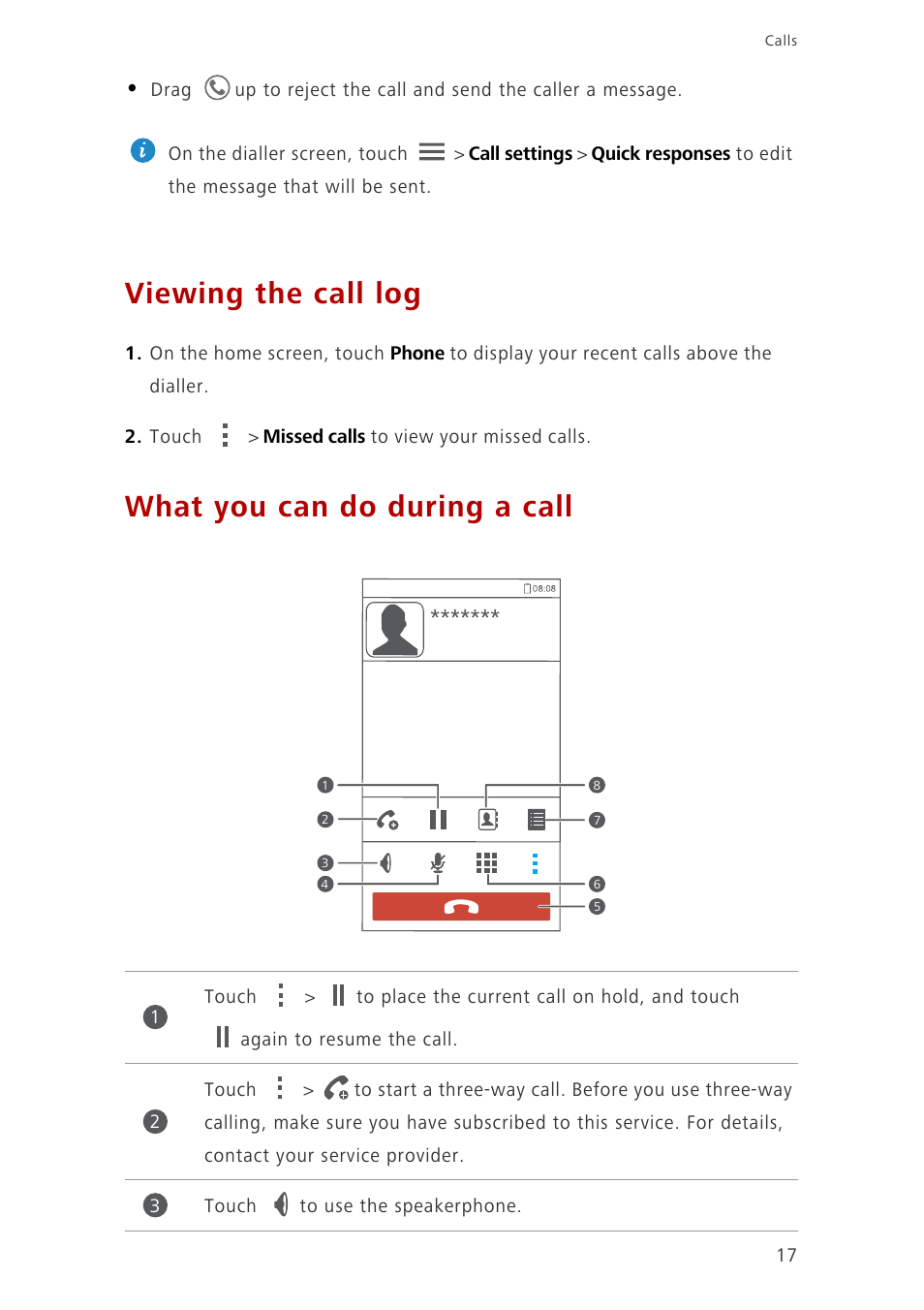 Viewing the call log, What you can do during a call | Huawei Ascend G6-U10 User Manual | Page 21 / 59