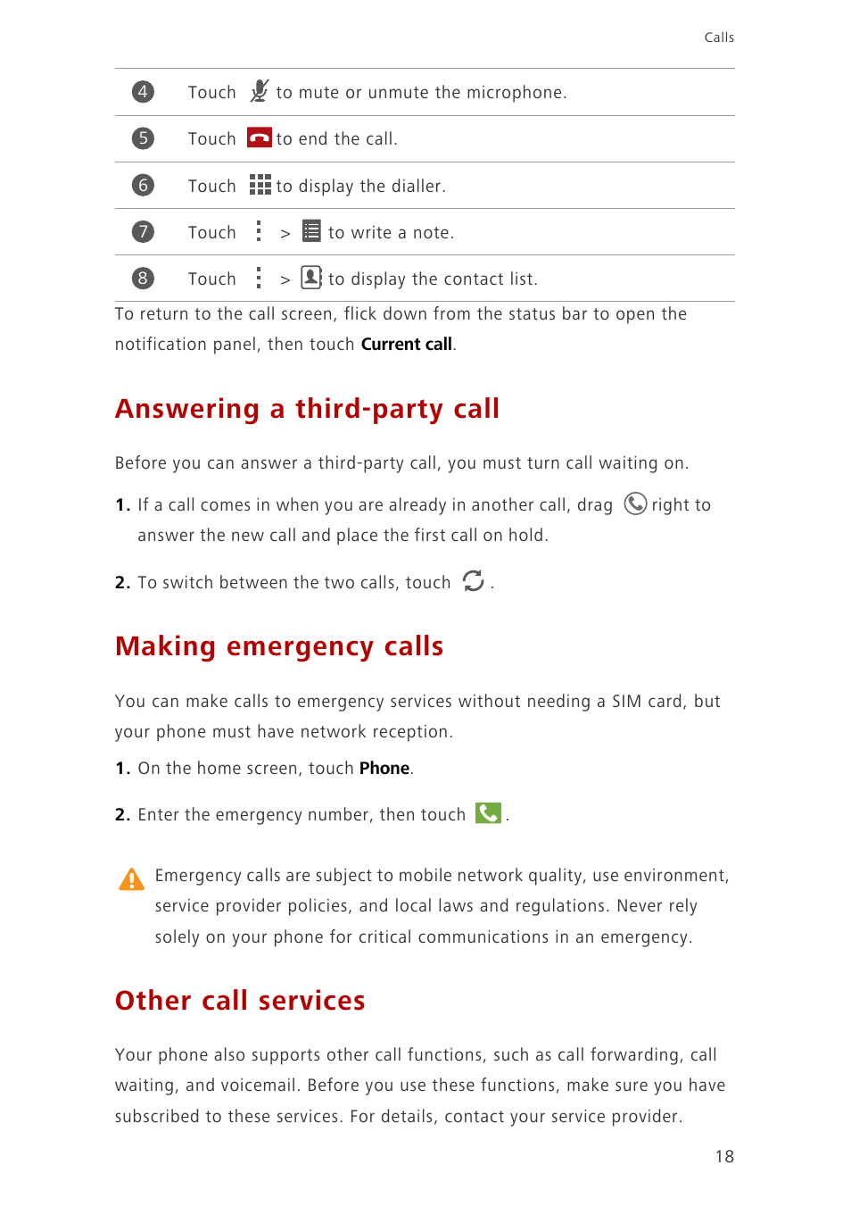 Answering a third-party call, Making emergency calls, Other call services | Huawei Ascend G6-U10 User Manual | Page 22 / 59