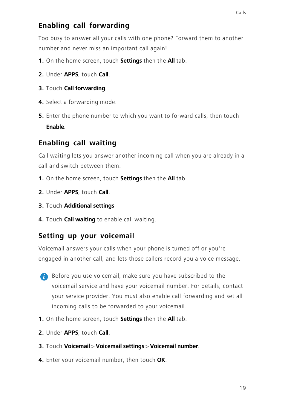 Enabling call forwarding, Enabling call waiting, Setting up your voicemail | Huawei Ascend G6-U10 User Manual | Page 23 / 59