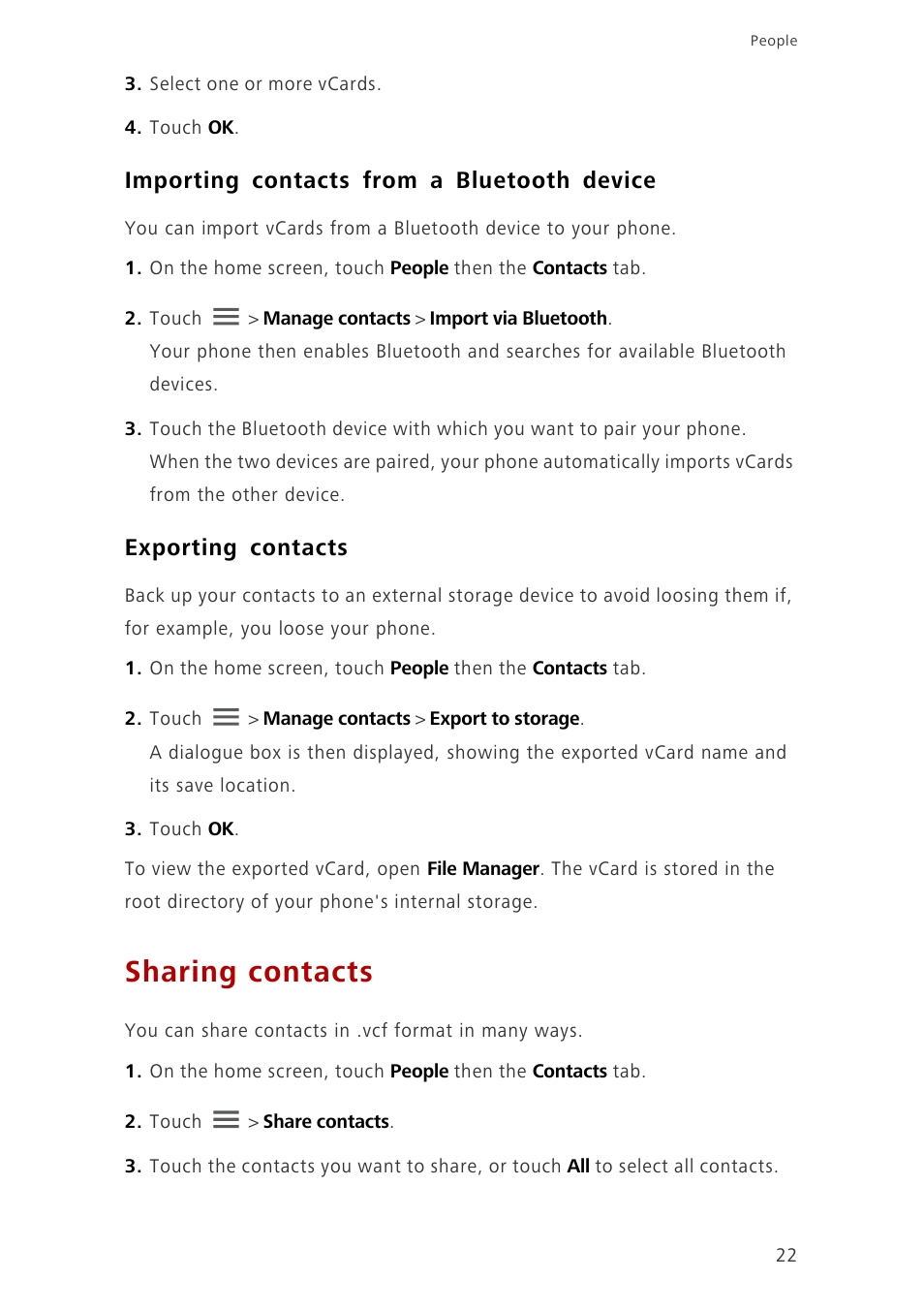 Importing contacts from a bluetooth device, Exporting contacts, Sharing contacts | Huawei Ascend G6-U10 User Manual | Page 26 / 59
