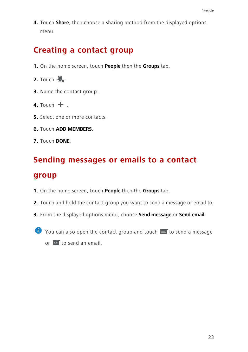 Creating a contact group, Sending messages or emails to a contact group | Huawei Ascend G6-U10 User Manual | Page 27 / 59