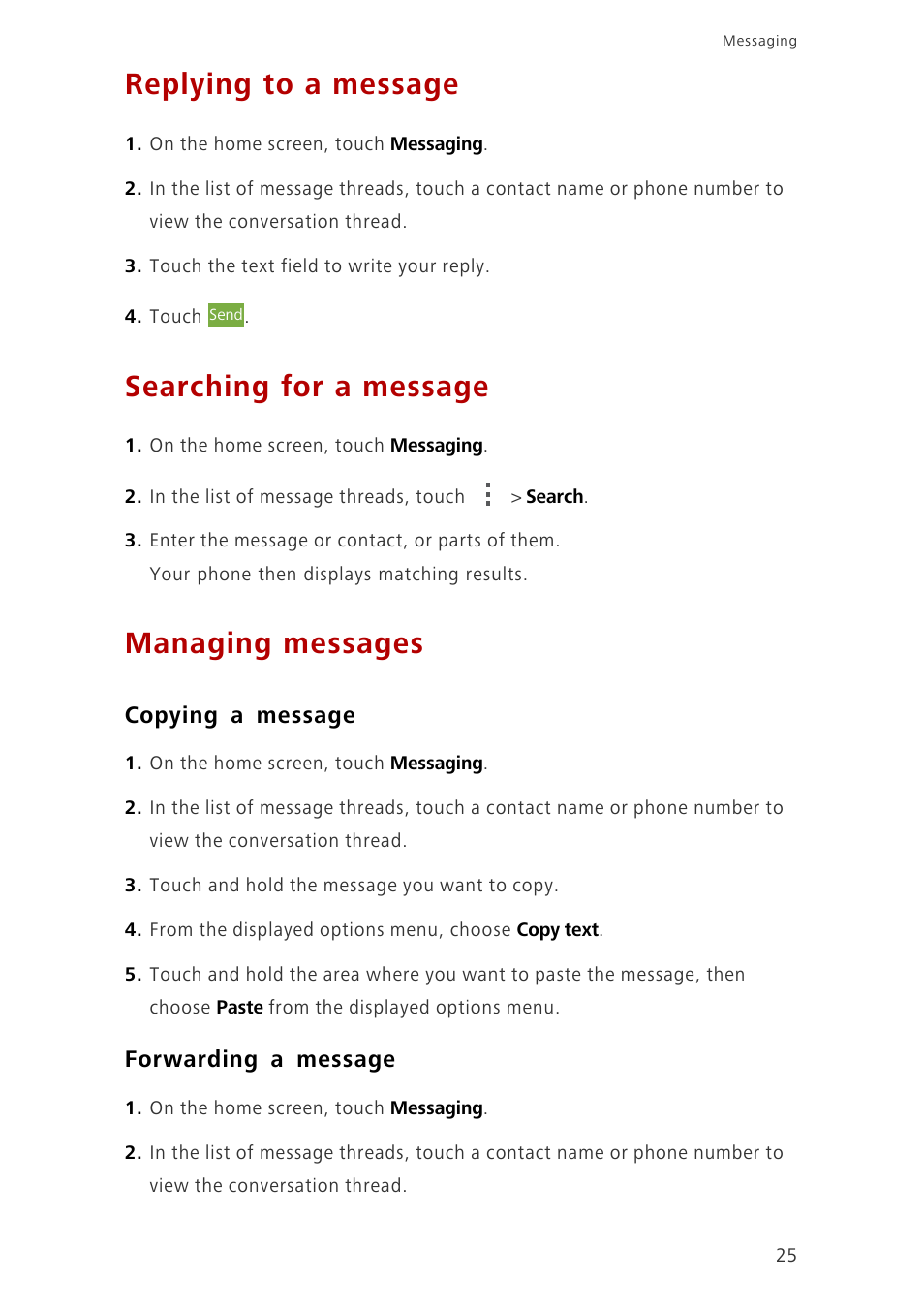 Replying to a message, Searching for a message, Managing messages | Copying a message, Forwarding a message | Huawei Ascend G6-U10 User Manual | Page 29 / 59