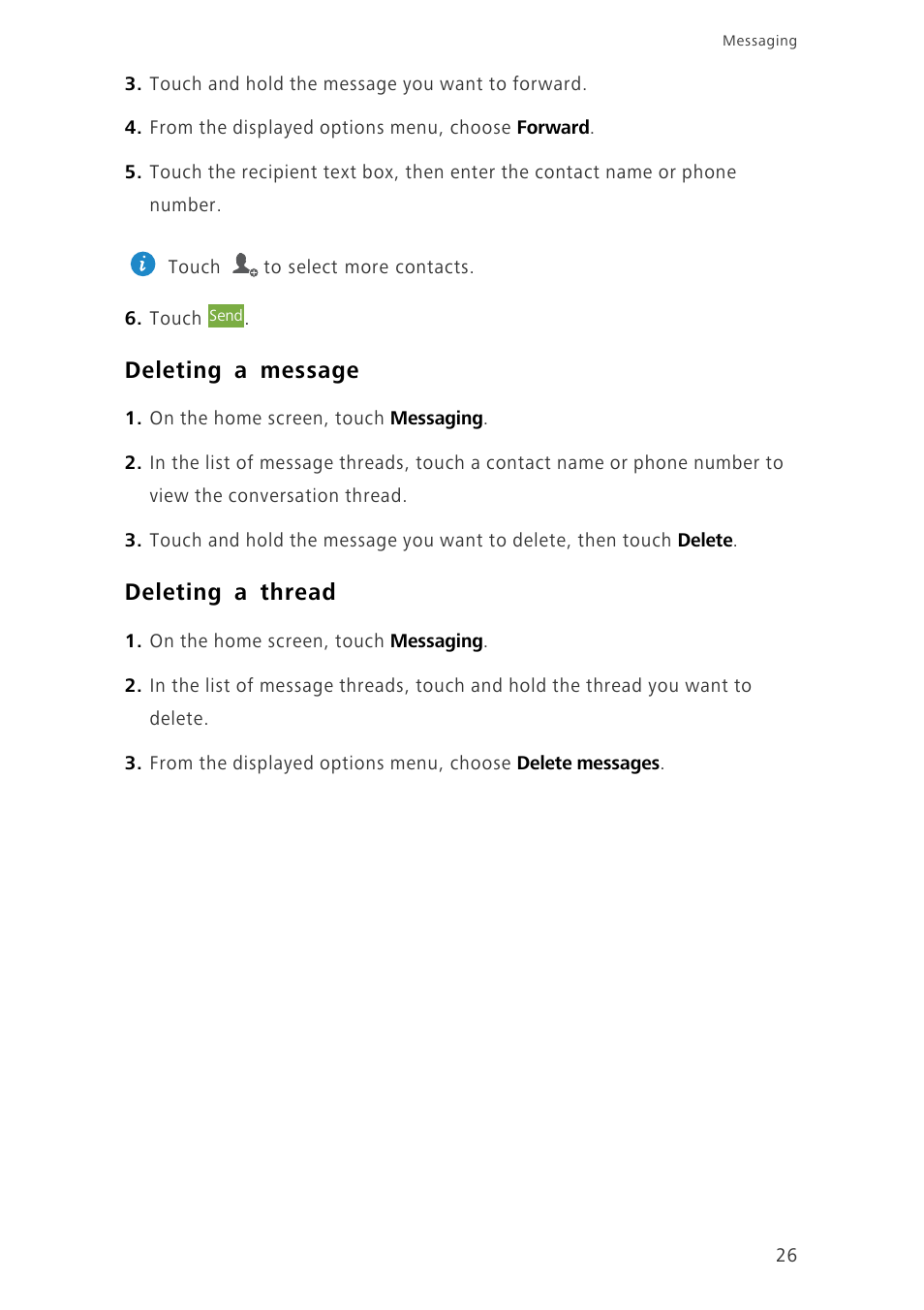 Deleting a message, Deleting a thread | Huawei Ascend G6-U10 User Manual | Page 30 / 59