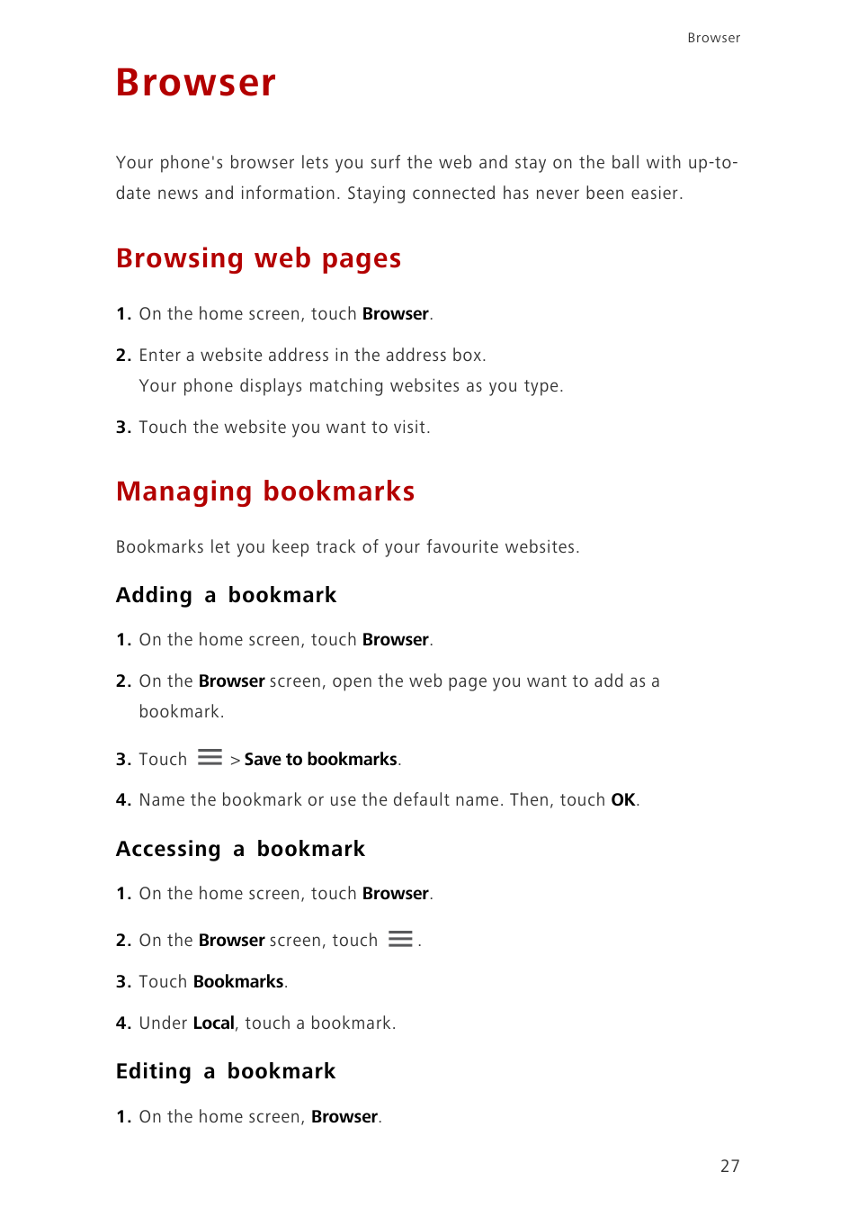 Browser, Managing bookmarks, Adding a bookmark | Accessing a bookmark, Editing a bookmark, Browsing web pages | Huawei Ascend G6-U10 User Manual | Page 31 / 59