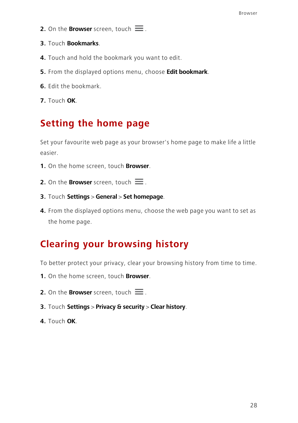 Clearing your browsing history, Setting the home page | Huawei Ascend G6-U10 User Manual | Page 32 / 59