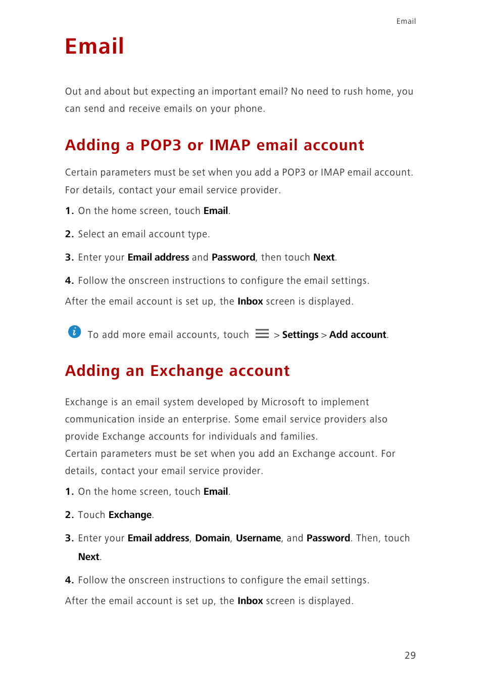 Email, Adding a pop3 or imap email account, Adding an exchange account | Huawei Ascend G6-U10 User Manual | Page 33 / 59