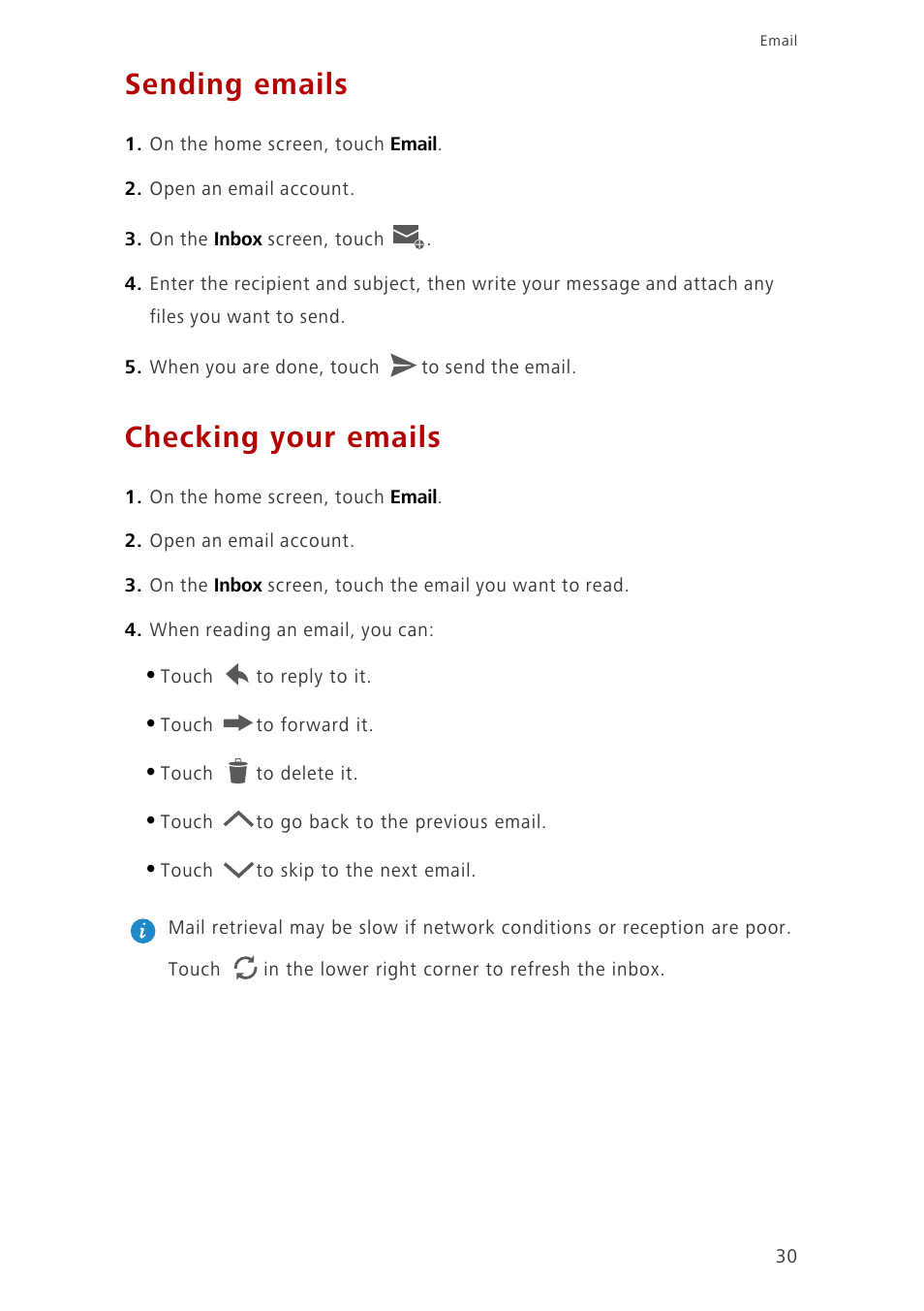 Sending emails, Checking your emails | Huawei Ascend G6-U10 User Manual | Page 34 / 59