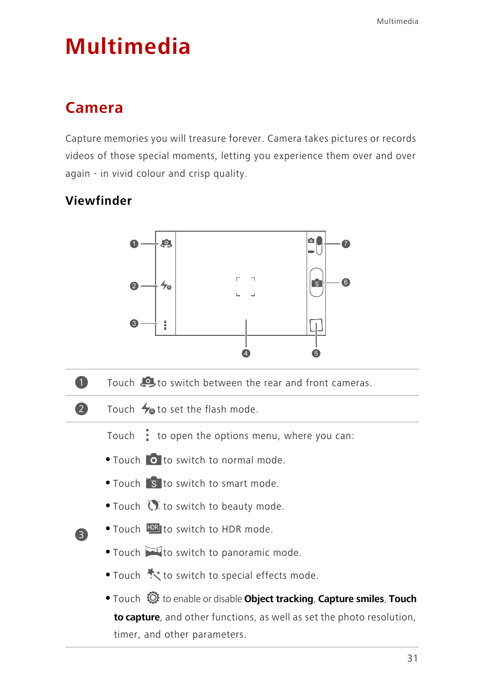 Multimedia, Camera, Viewfinder | Huawei Ascend G6-U10 User Manual | Page 35 / 59