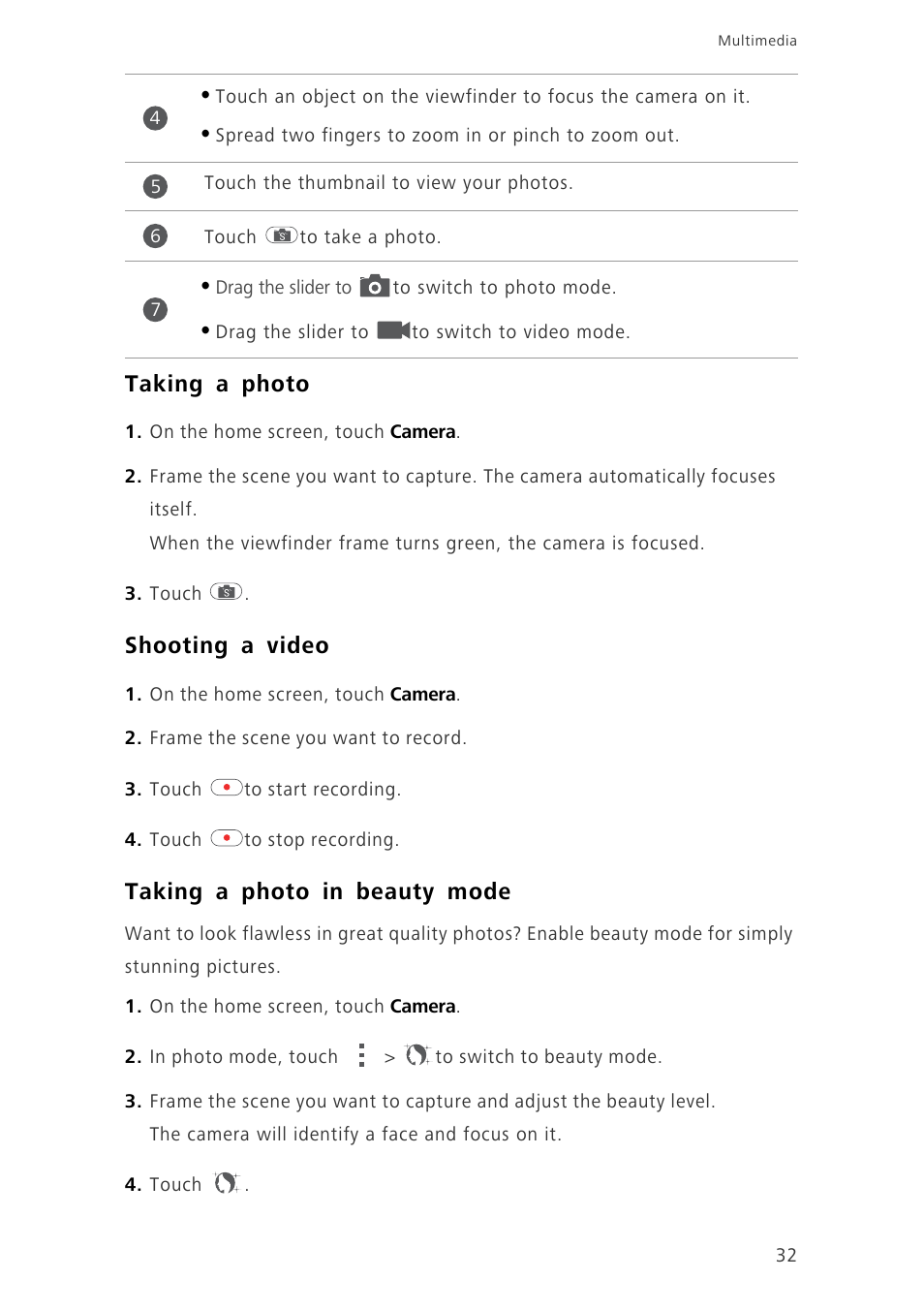 Taking a photo, Shooting a video, Taking a photo in beauty mode | Huawei Ascend G6-U10 User Manual | Page 36 / 59