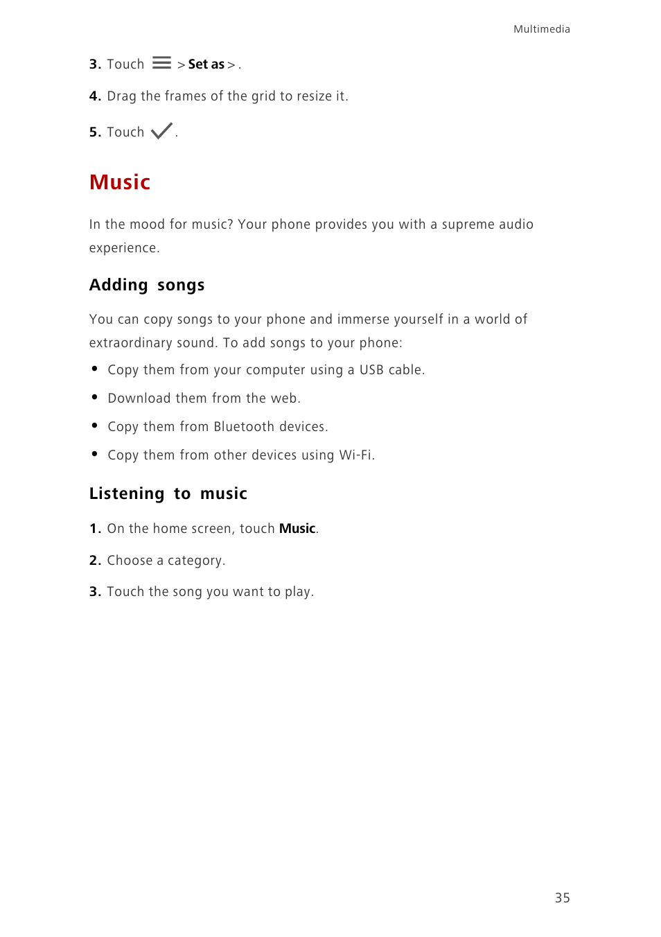 Music, Adding songs, Listening to music | Huawei Ascend G6-U10 User Manual | Page 39 / 59