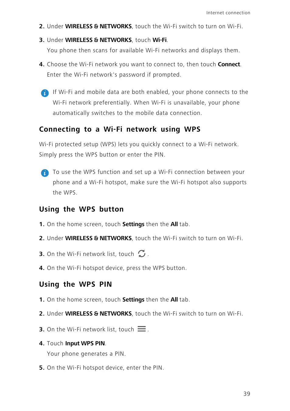 Connecting to a wi-fi network using wps, Using the wps button, Using the wps pin | Huawei Ascend G6-U10 User Manual | Page 43 / 59