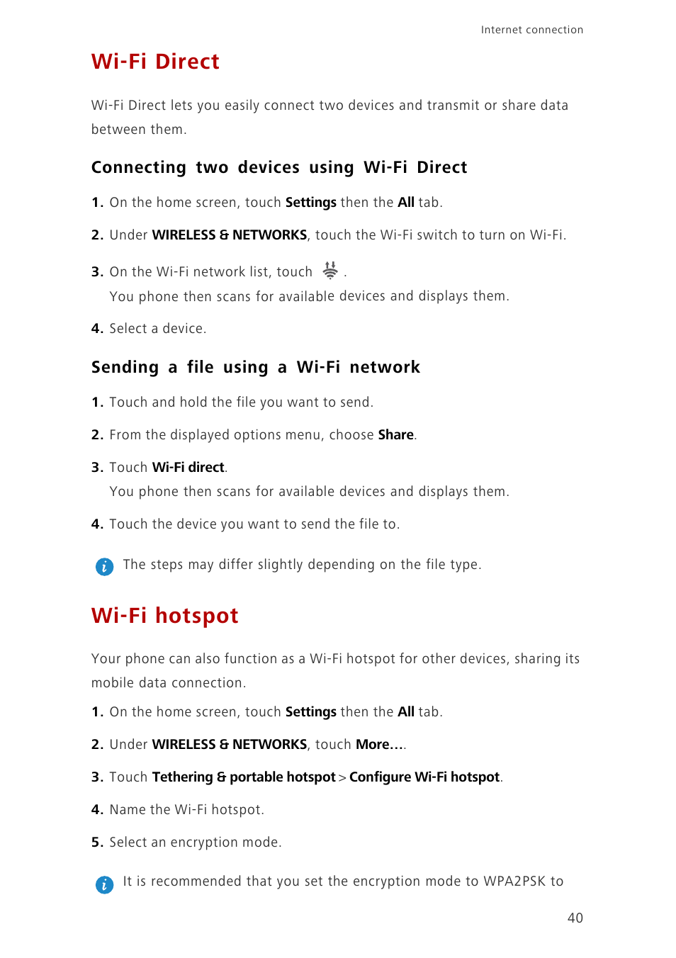 Wi-fi direct, Connecting two devices using wi-fi direct, Sending a file using a wi-fi network | Wi-fi hotspot | Huawei Ascend G6-U10 User Manual | Page 44 / 59