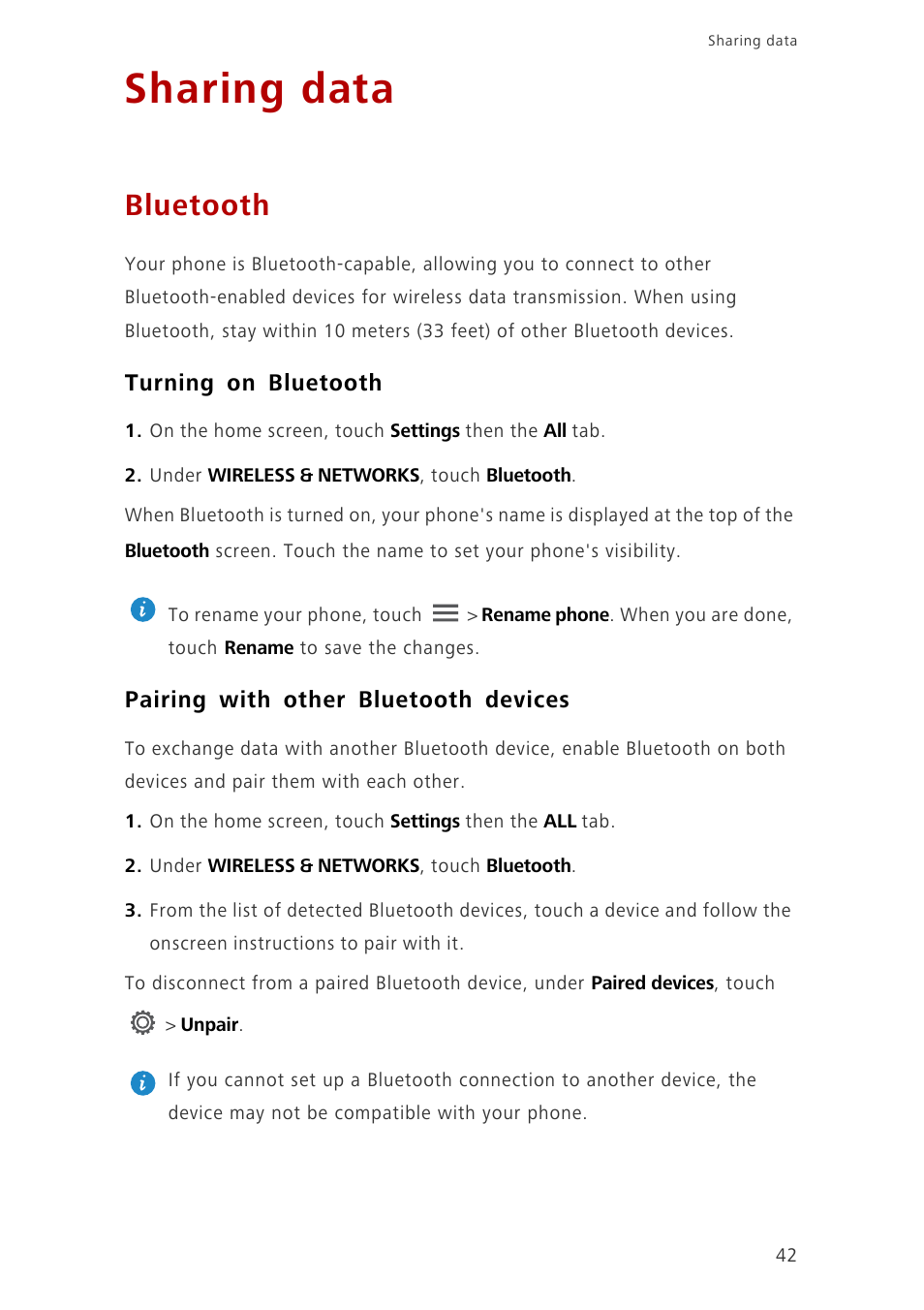 Sharing data, Bluetooth, Turning on bluetooth | Pairing with other bluetooth devices | Huawei Ascend G6-U10 User Manual | Page 46 / 59