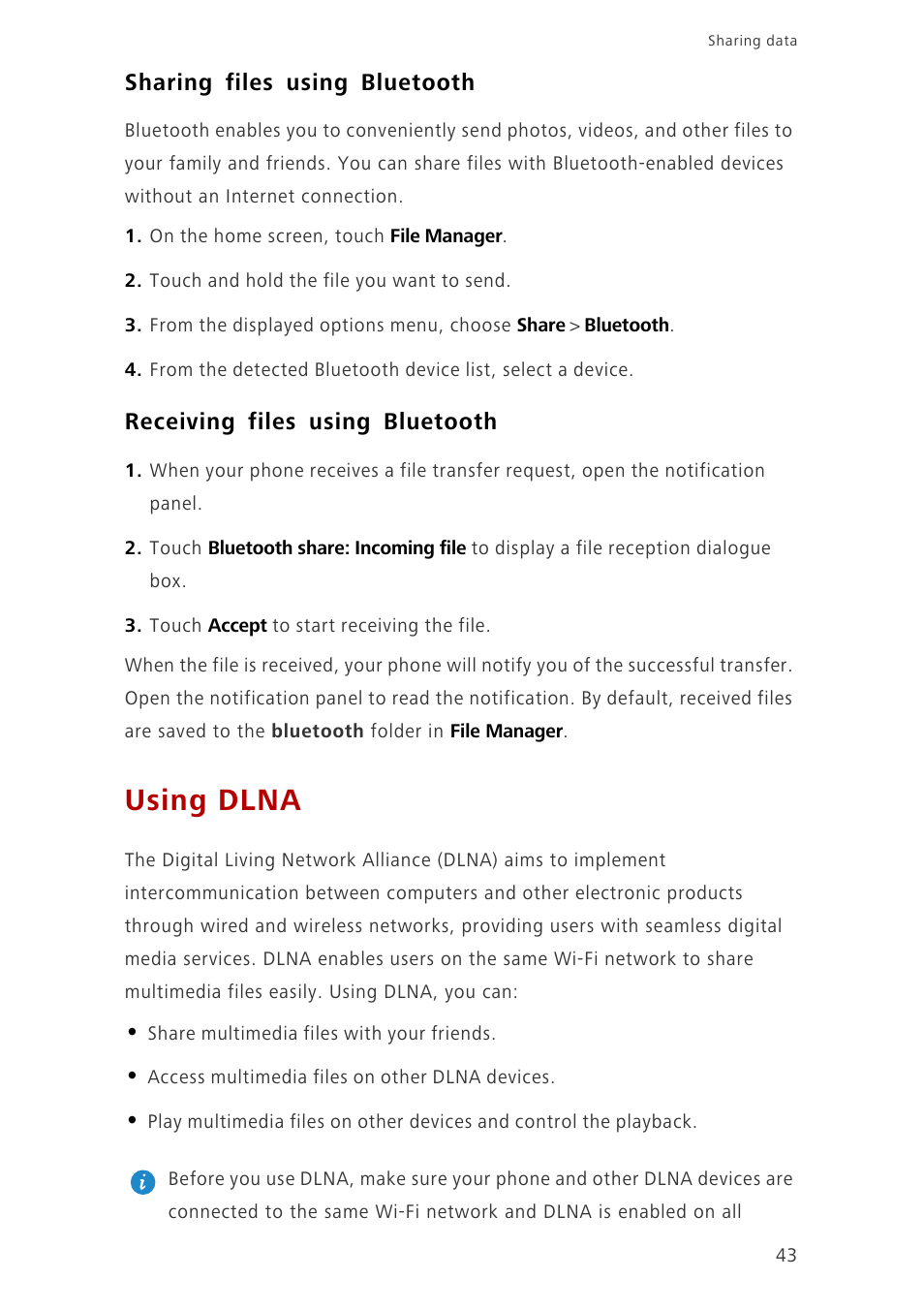 Sharing files using bluetooth, Receiving files using bluetooth, Using dlna | Huawei Ascend G6-U10 User Manual | Page 47 / 59