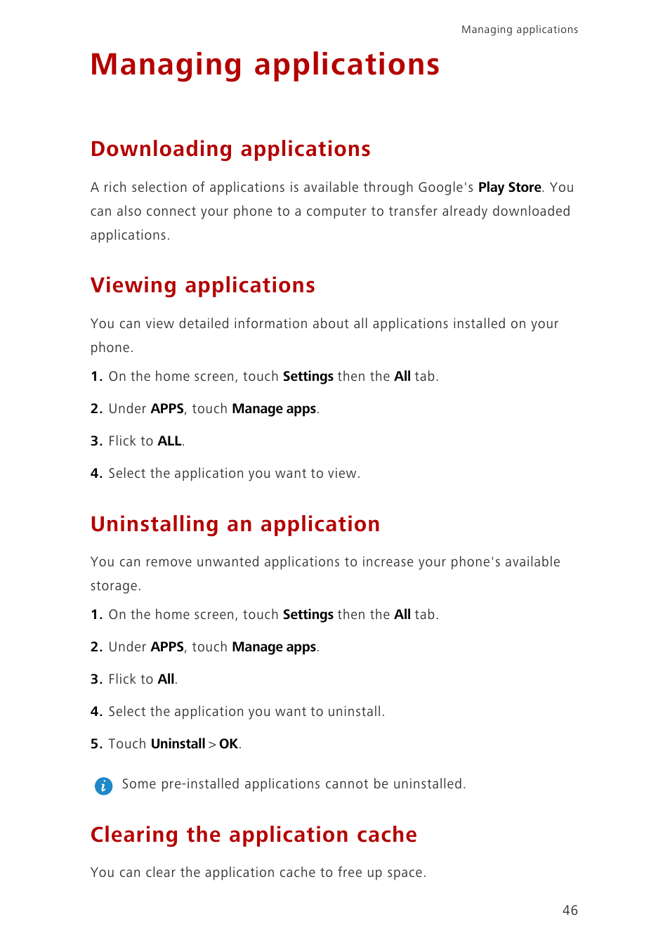 Managing applications, Downloading applications, Viewing applications | Uninstalling an application, Clearing the application cache | Huawei Ascend G6-U10 User Manual | Page 50 / 59