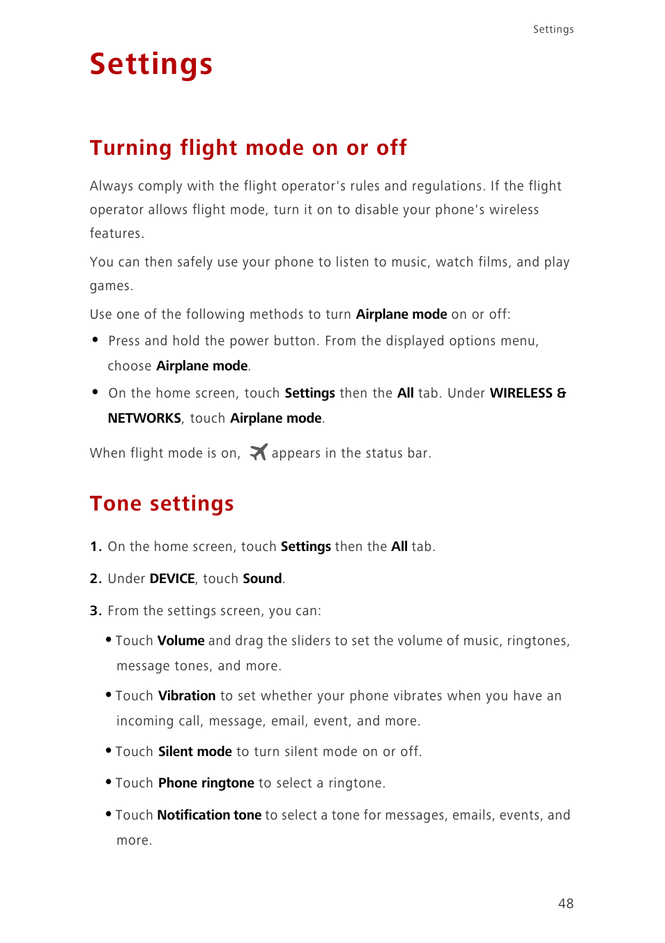 Settings, Turning flight mode on or off, Tone settings | Huawei Ascend G6-U10 User Manual | Page 52 / 59