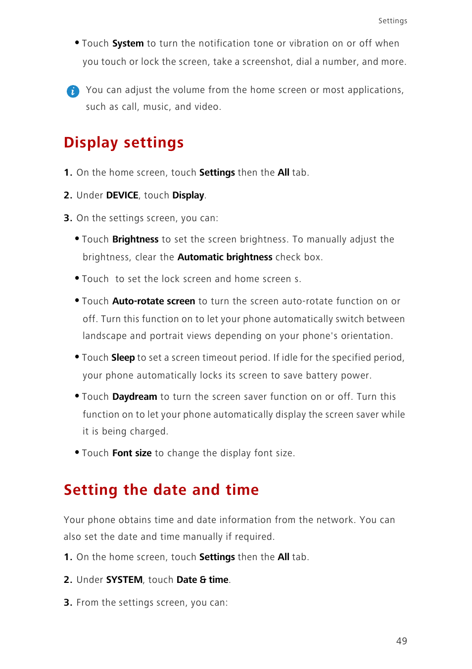 Display settings, Setting the date and time | Huawei Ascend G6-U10 User Manual | Page 53 / 59