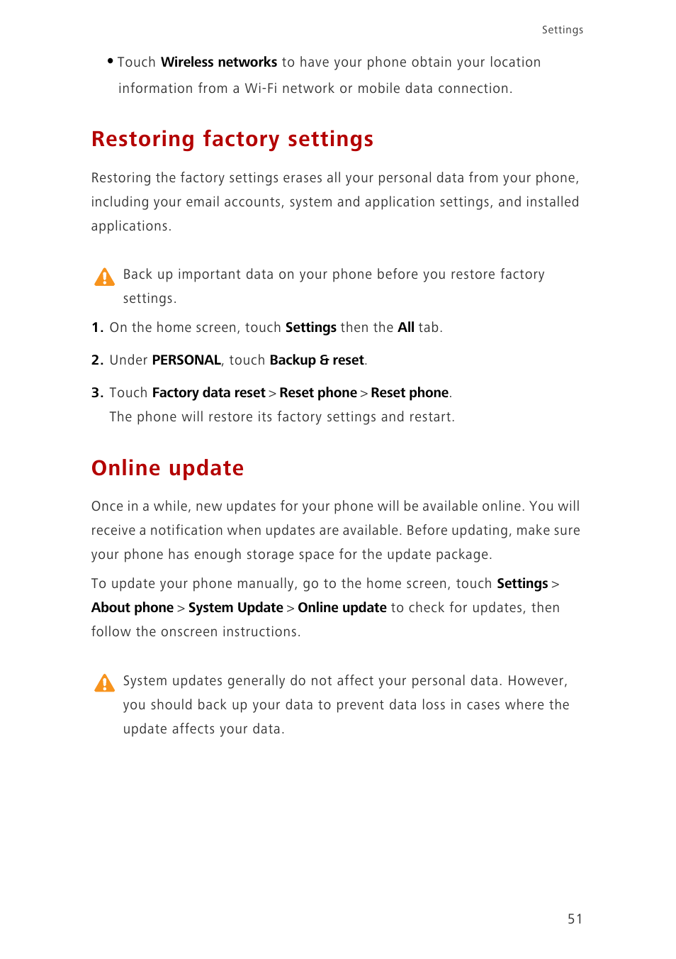 Restoring factory settings, Online update | Huawei Ascend G6-U10 User Manual | Page 55 / 59