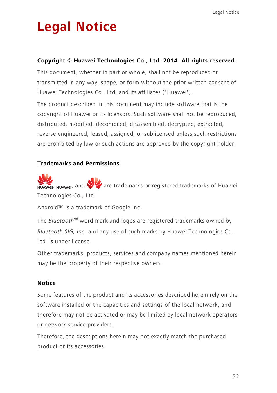 Legal notice, Trademarks and permissions, Notice | Huawei Ascend G6-U10 User Manual | Page 56 / 59