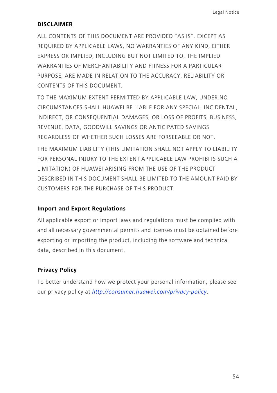 Disclaimer, Import and export regulations | Huawei Ascend G6-U10 User Manual | Page 58 / 59