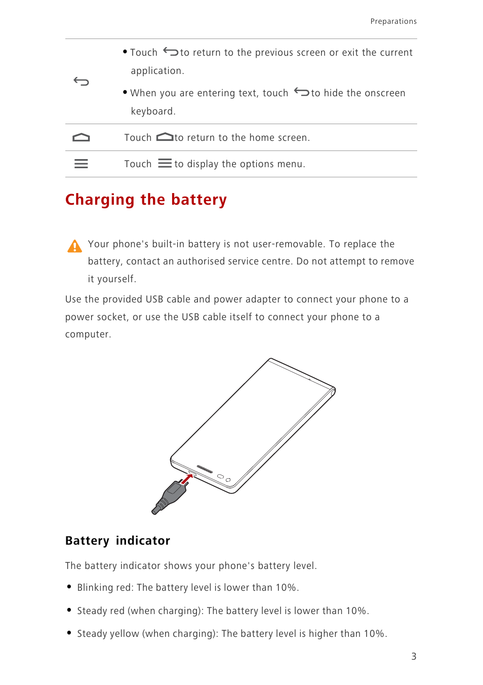 Charging the battery, Battery indicator | Huawei Ascend G6-U10 User Manual | Page 7 / 59