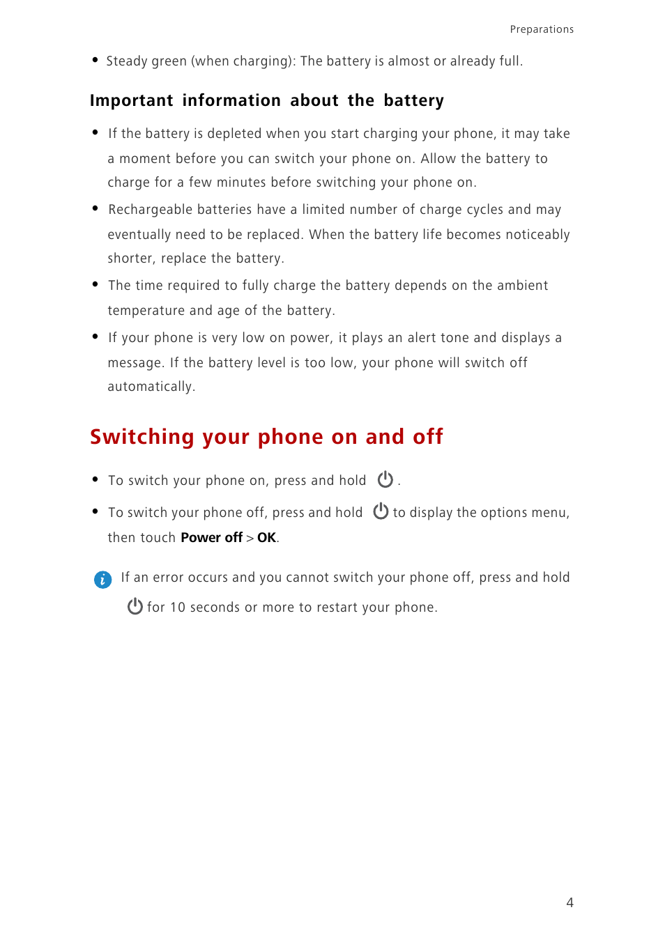 Important information about the battery, Switching your phone on and off | Huawei Ascend G6-U10 User Manual | Page 8 / 59