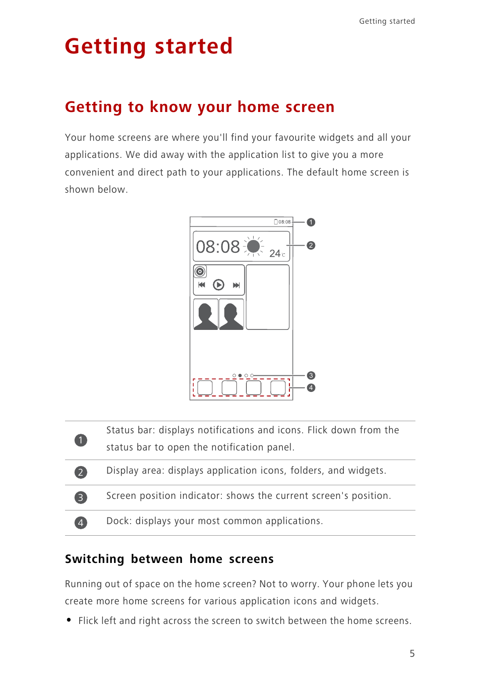 Getting started, Getting to know your home screen, Switching between home screens | Huawei Ascend G6-U10 User Manual | Page 9 / 59