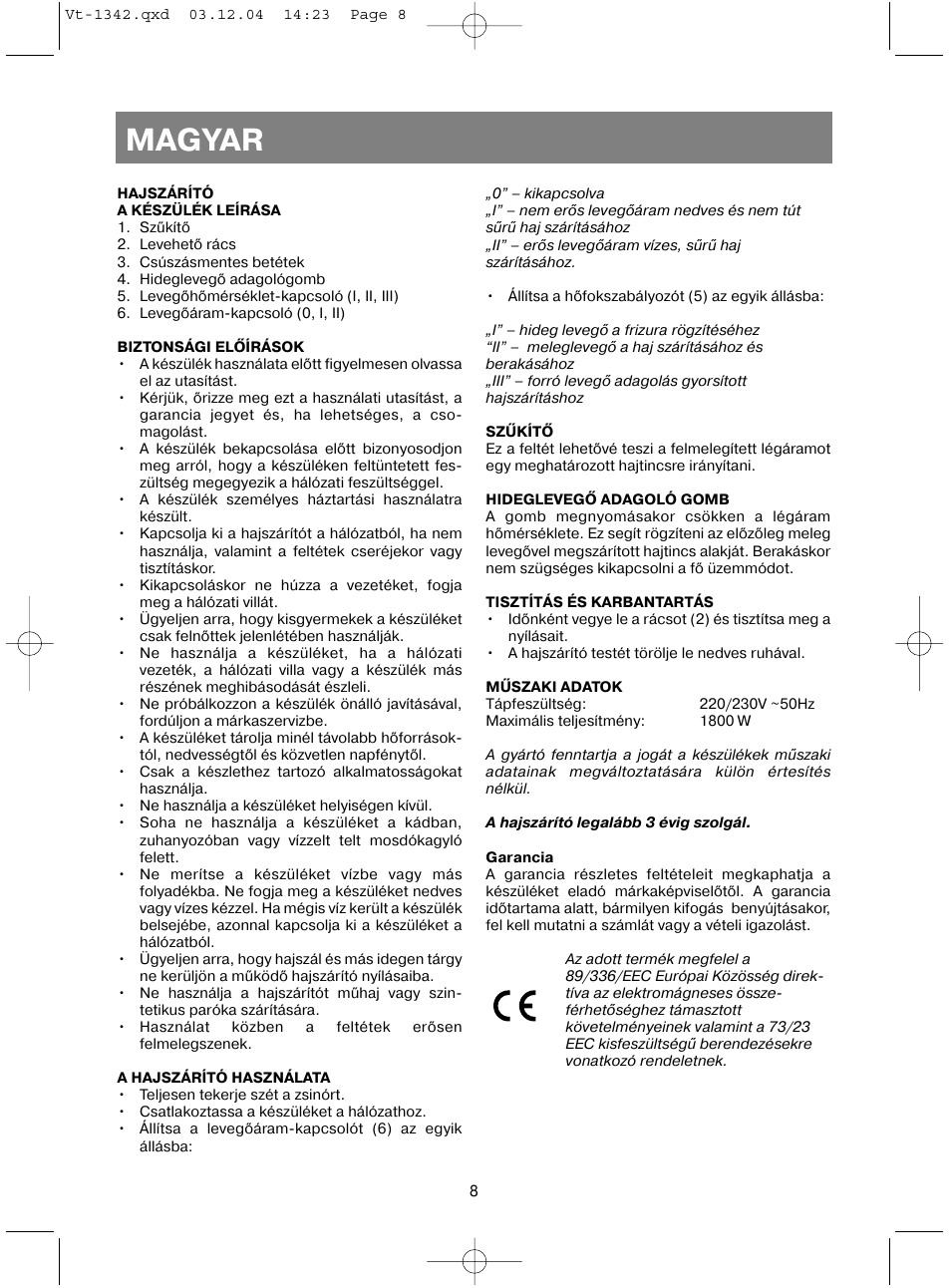 Magyar | Vitek VT-1342 User Manual | Page 10 / 16