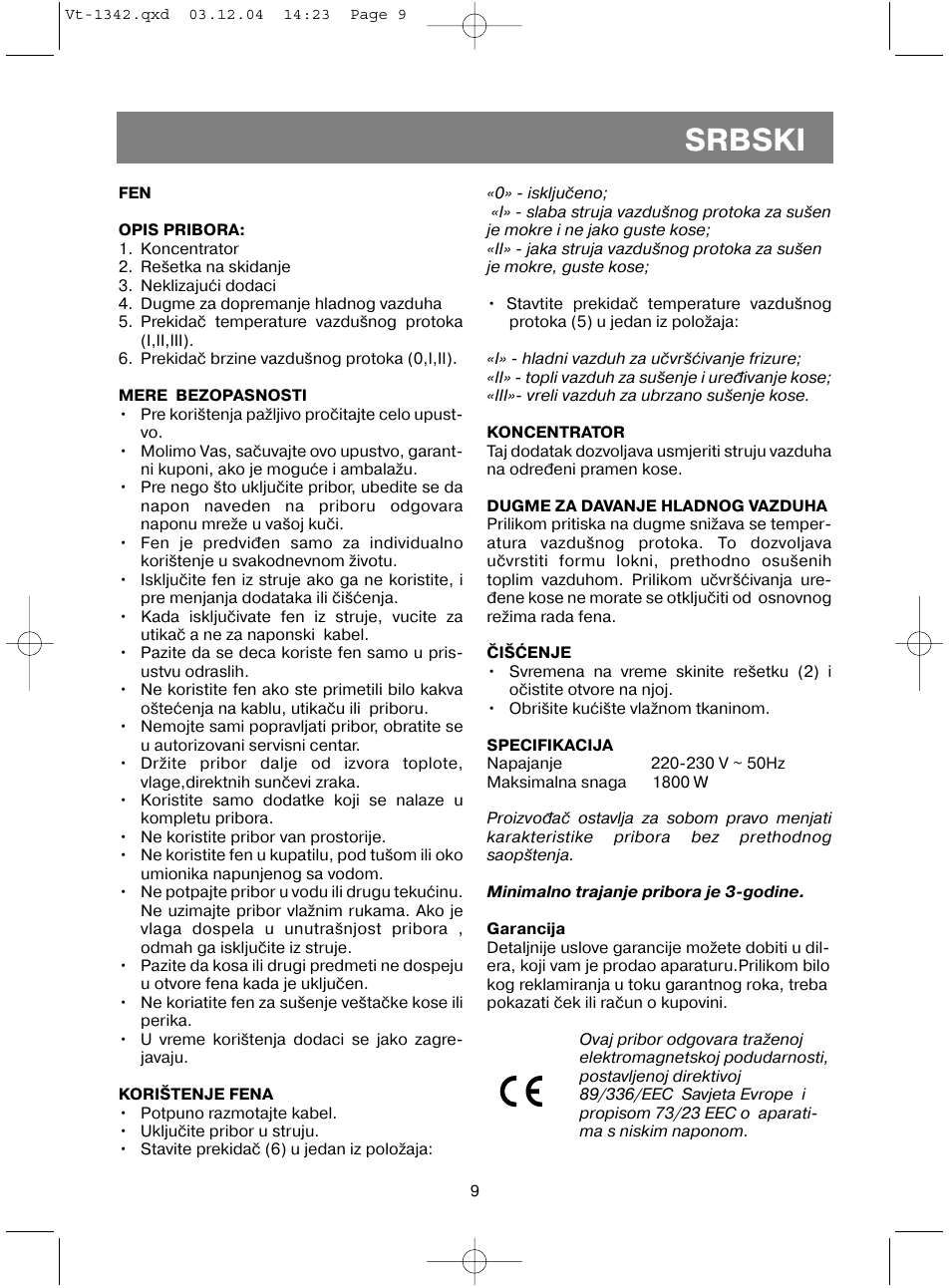 Srbski | Vitek VT-1342 User Manual | Page 11 / 16