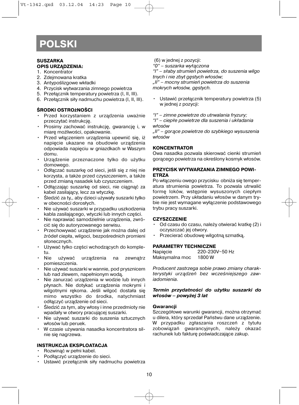 Polski | Vitek VT-1342 User Manual | Page 12 / 16