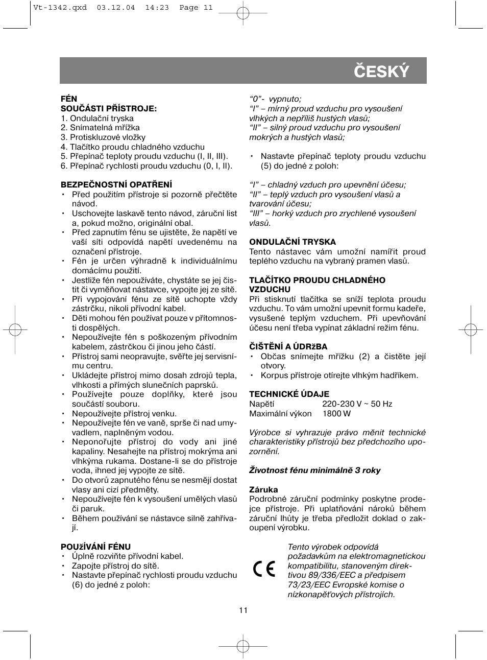 Èeský | Vitek VT-1342 User Manual | Page 13 / 16