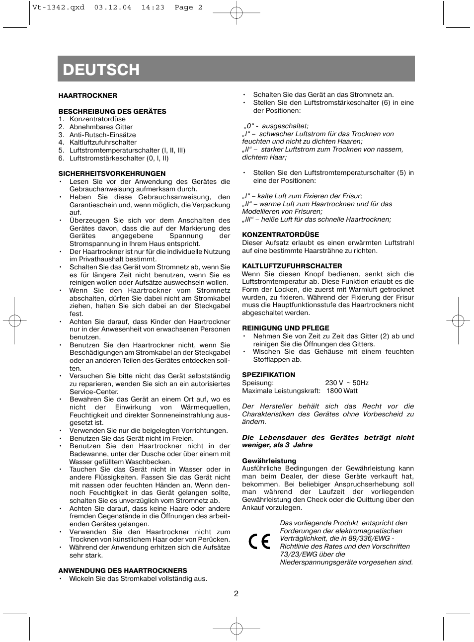 Deutsch | Vitek VT-1342 User Manual | Page 4 / 16