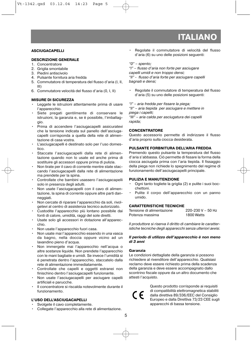 Italiano | Vitek VT-1342 User Manual | Page 7 / 16