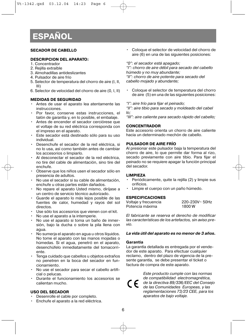 Español | Vitek VT-1342 User Manual | Page 8 / 16