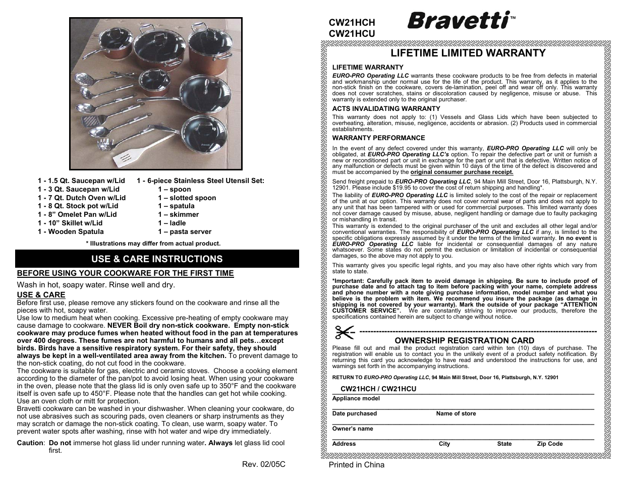 Lifetime limited warranty, Cw21hch cw21hcu, Use & care instructions | Bravetti CW21HCH User Manual | Page 2 / 2