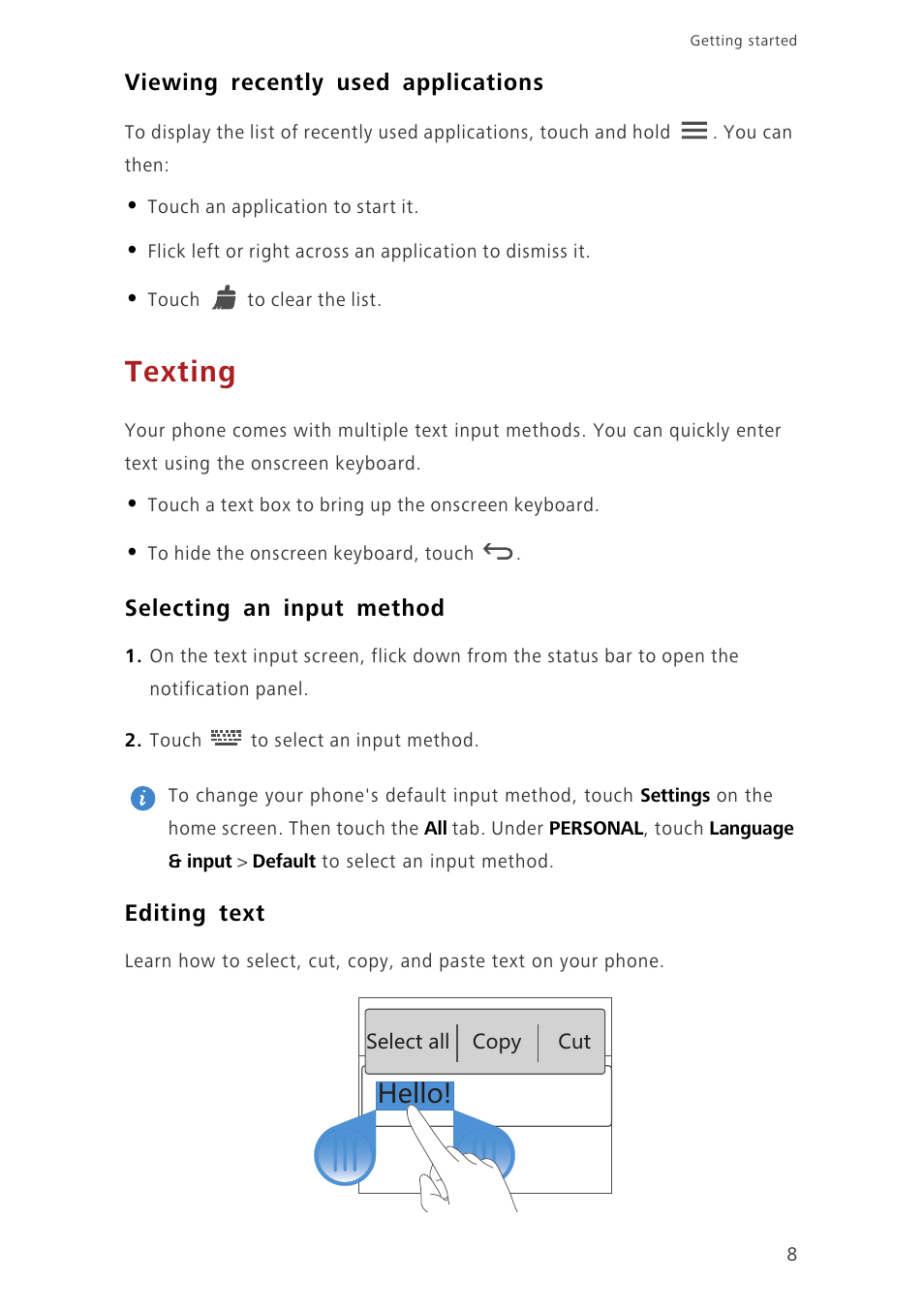 Viewing recently used applications, Texting, Selecting an input method | Editing text, Krru | Huawei Ascend G6-U34 User Manual | Page 12 / 59