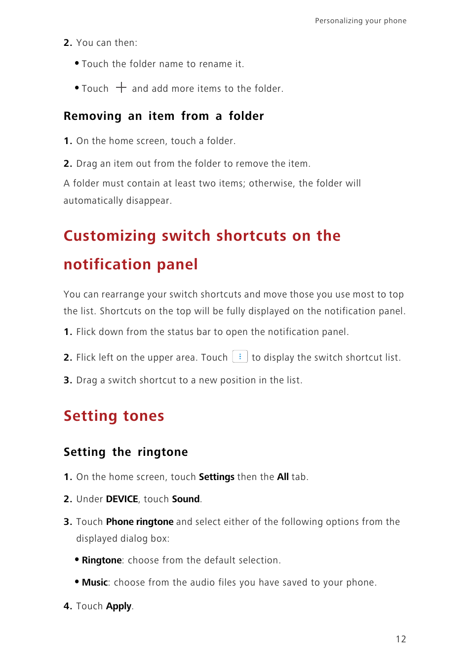 Removing an item from a folder, Setting tones, Setting the ringtone | Huawei Ascend G6-U34 User Manual | Page 16 / 59
