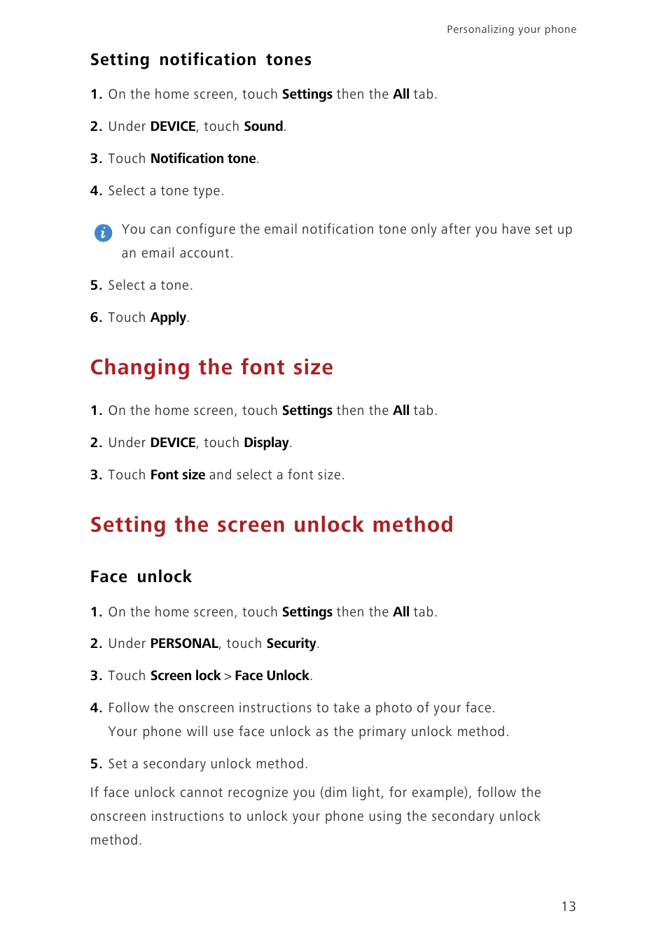 Setting notification tones, Changing the font size, Setting the screen unlock method | Face unlock | Huawei Ascend G6-U34 User Manual | Page 17 / 59