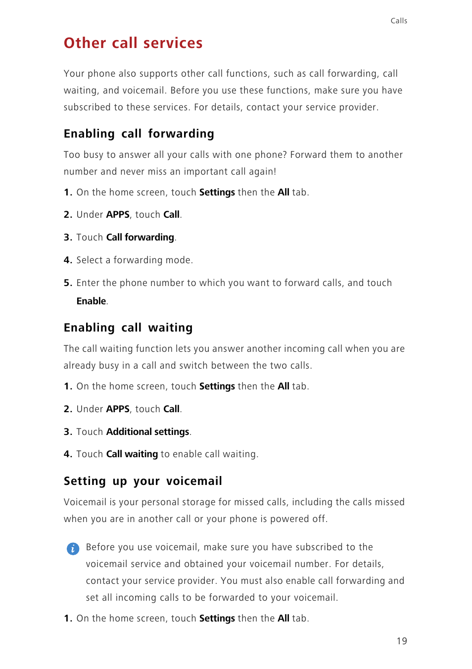 Other call services, Enabling call forwarding, Enabling call waiting | Setting up your voicemail | Huawei Ascend G6-U34 User Manual | Page 23 / 59