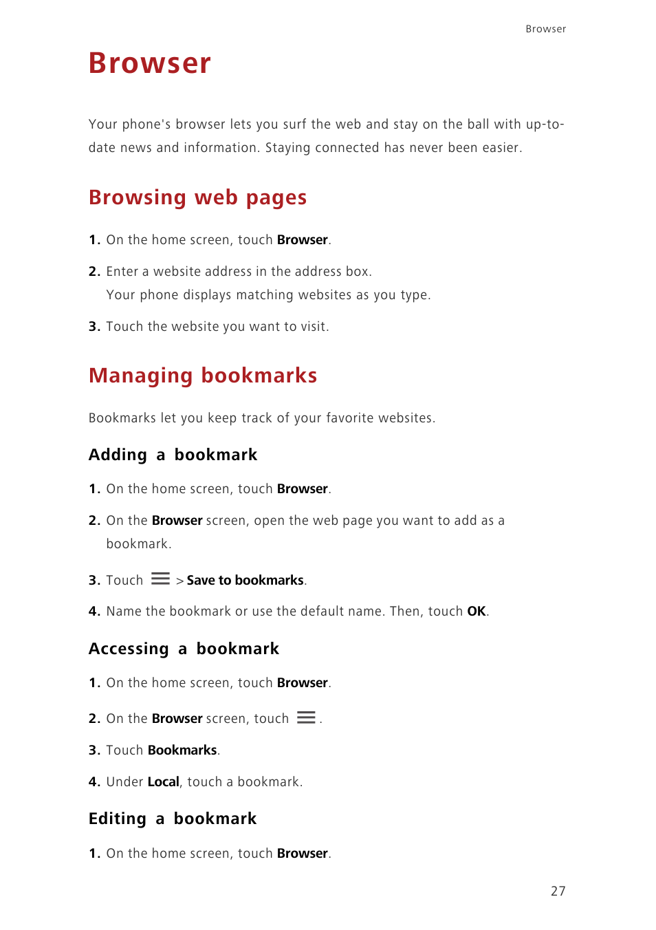 Browser, Managing bookmarks, Adding a bookmark | Accessing a bookmark, Editing a bookmark, Browsing web pages | Huawei Ascend G6-U34 User Manual | Page 31 / 59