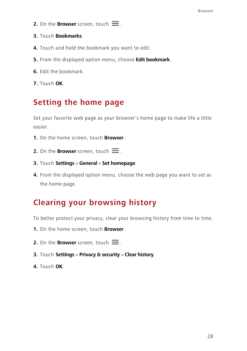 Clearing your browsing history, Setting the home page | Huawei Ascend G6-U34 User Manual | Page 32 / 59