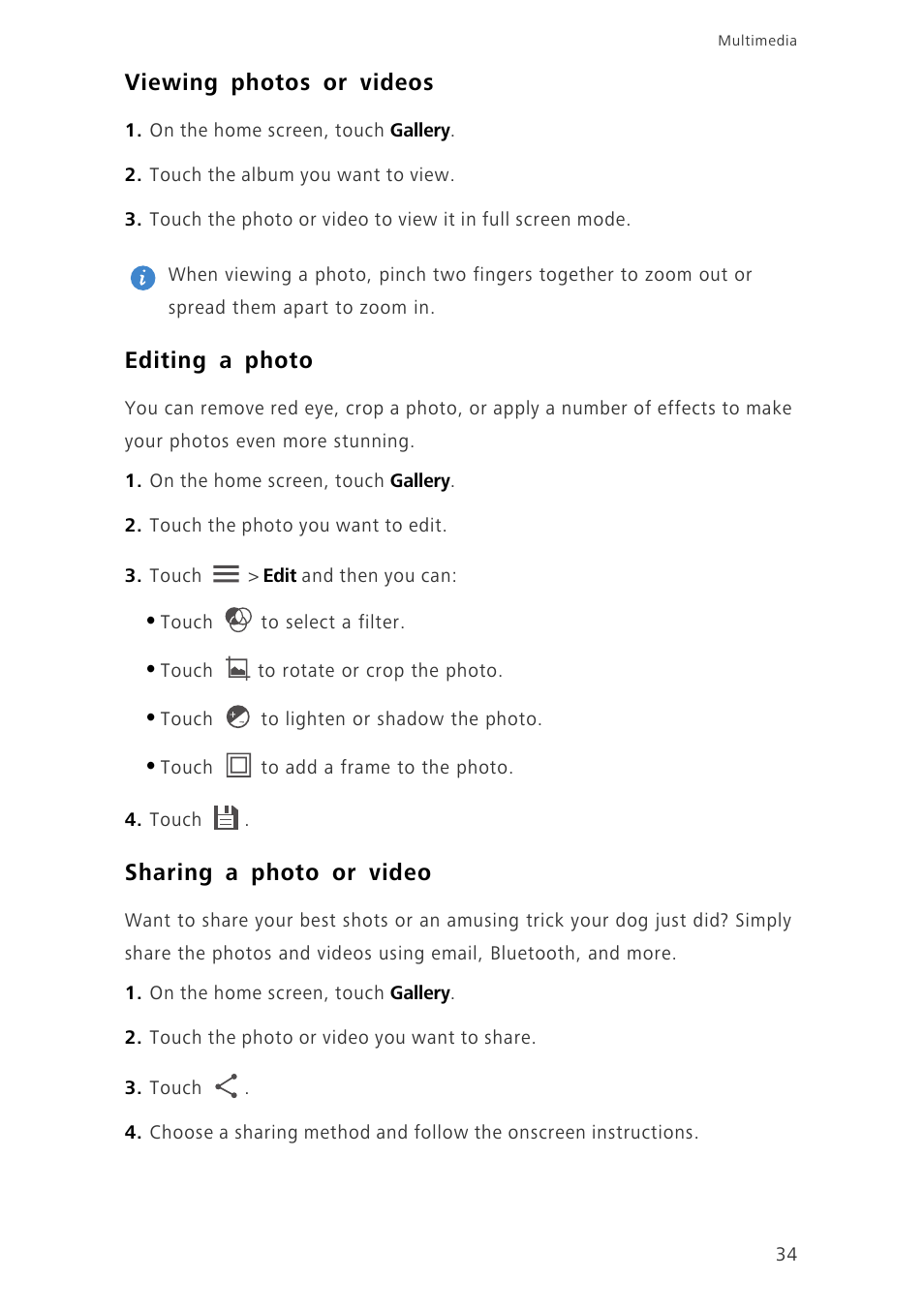Viewing photos or videos, Editing a photo, Sharing a photo or video | Huawei Ascend G6-U34 User Manual | Page 38 / 59