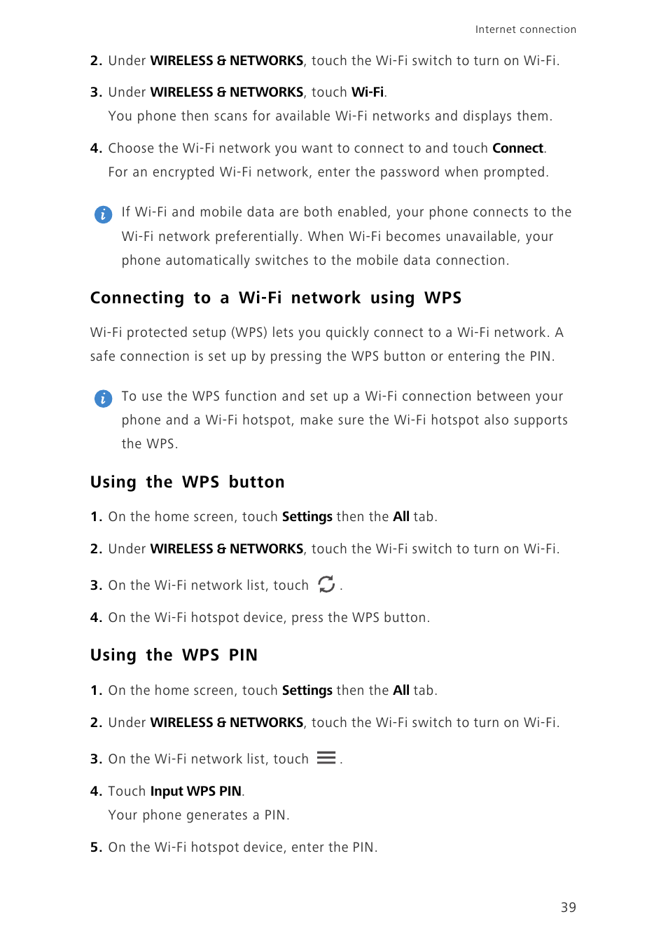 Connecting to a wi-fi network using wps, Using the wps button, Using the wps pin | Huawei Ascend G6-U34 User Manual | Page 43 / 59