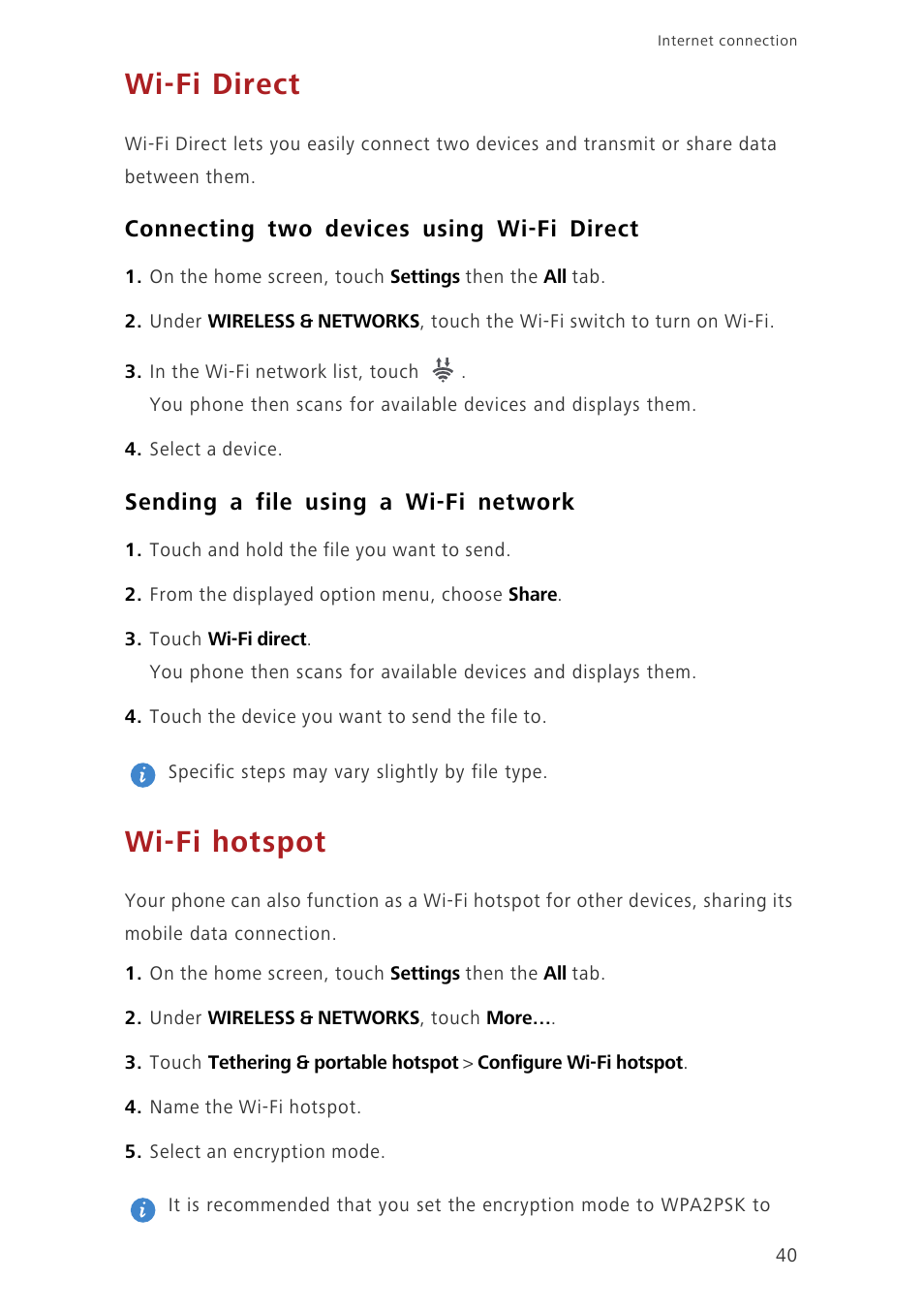 Wi-fi direct, Connecting two devices using wi-fi direct, Sending a file using a wi-fi network | Wi-fi hotspot | Huawei Ascend G6-U34 User Manual | Page 44 / 59