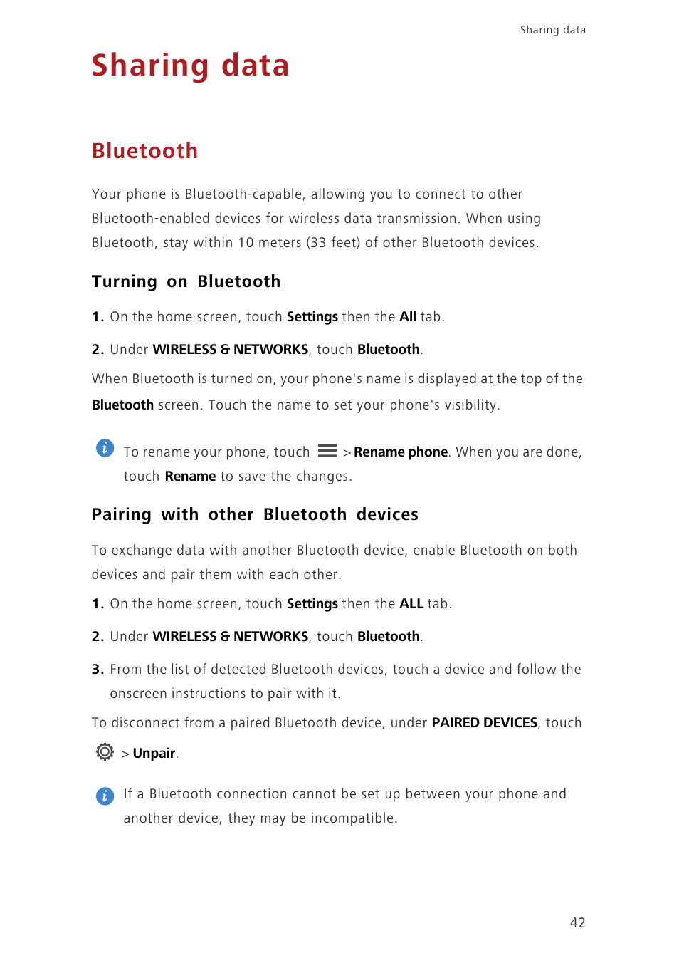 Sharing data, Bluetooth, Turning on bluetooth | Pairing with other bluetooth devices | Huawei Ascend G6-U34 User Manual | Page 46 / 59