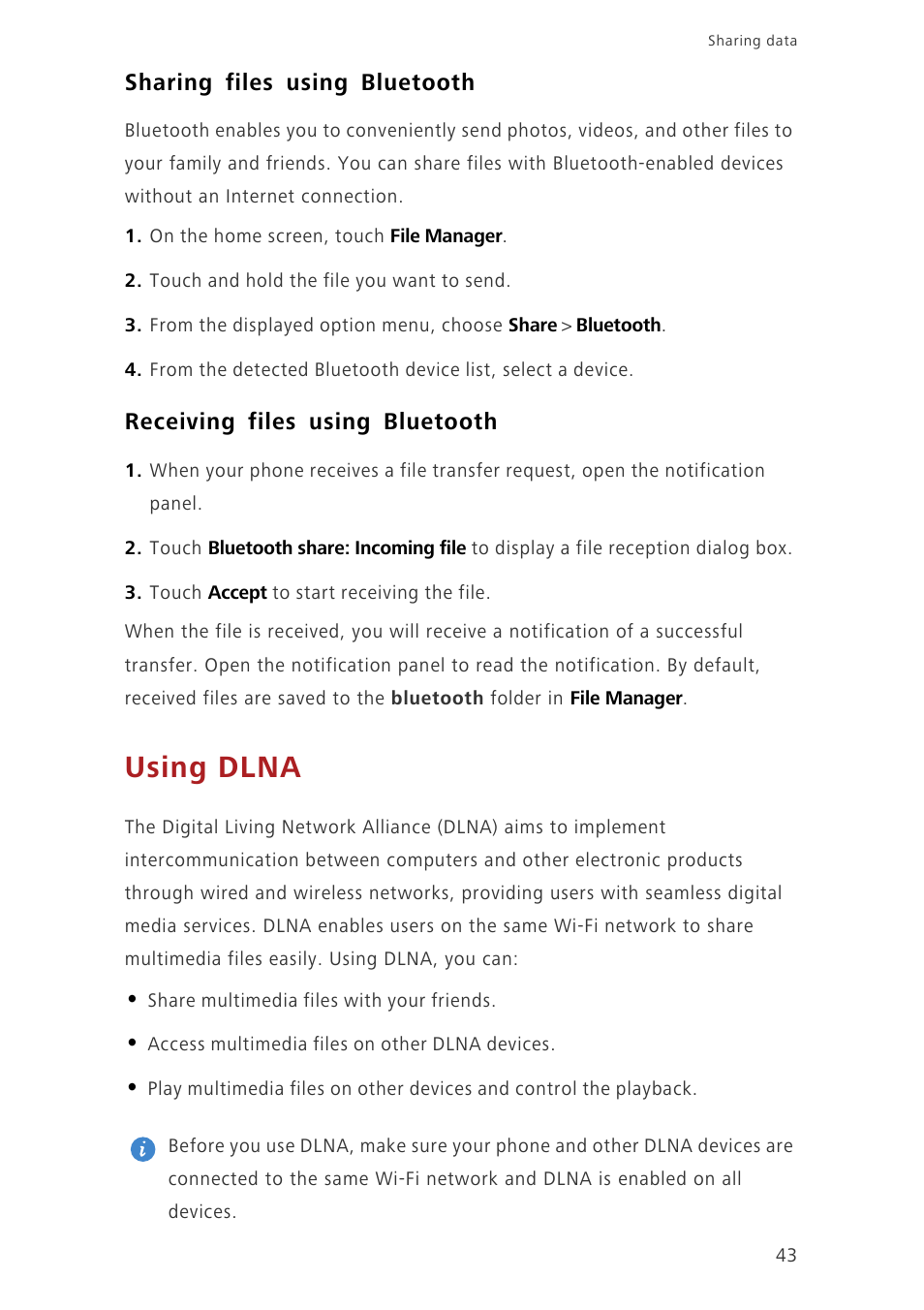 Sharing files using bluetooth, Receiving files using bluetooth, Using dlna | Huawei Ascend G6-U34 User Manual | Page 47 / 59