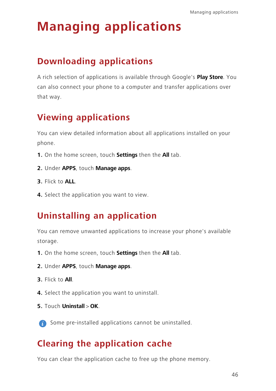Managing applications, Downloading applications, Viewing applications | Uninstalling an application, Clearing the application cache | Huawei Ascend G6-U34 User Manual | Page 50 / 59