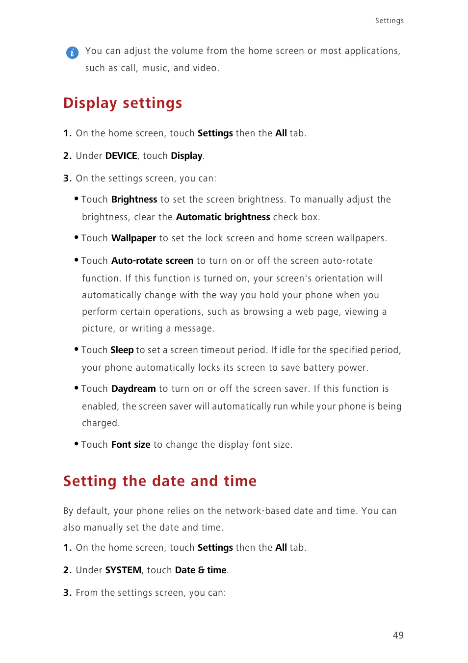 Display settings, Setting the date and time | Huawei Ascend G6-U34 User Manual | Page 53 / 59